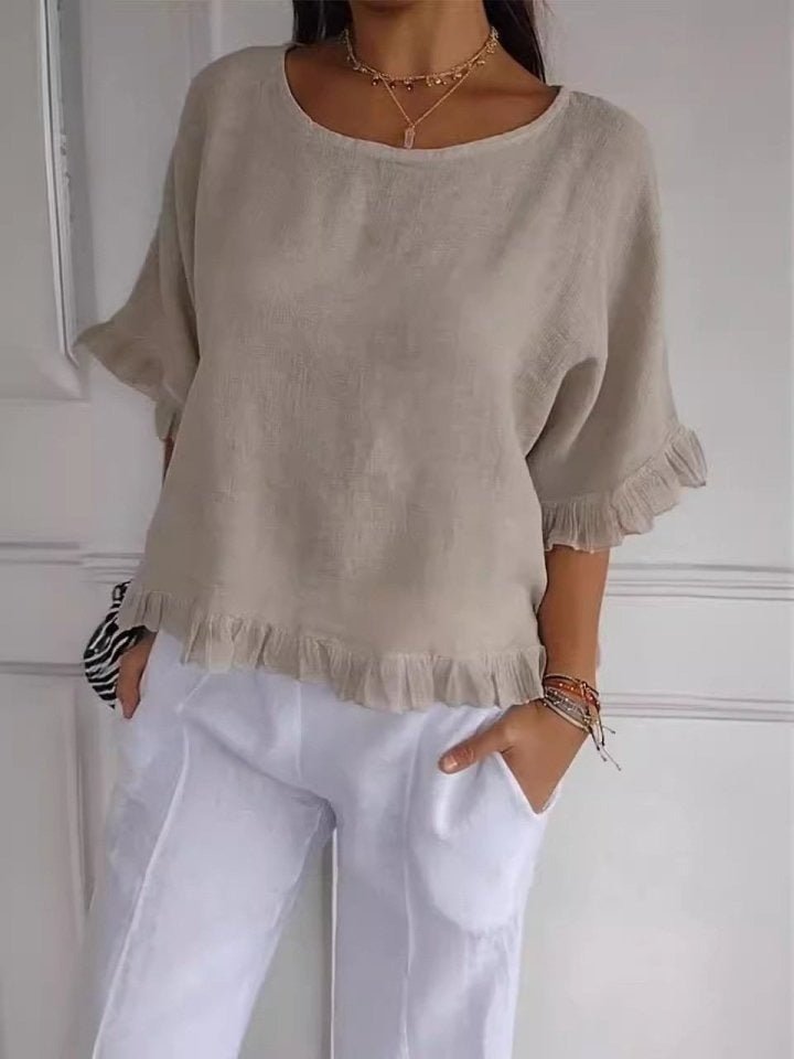 Effortless Linen Blouse for Women with Scoop Neck Elbow Sleeve Ruffle Hem Relaxed Style