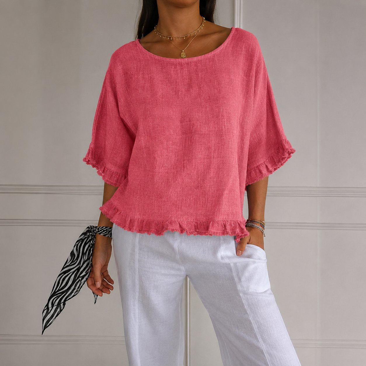 Effortless Linen Blouse for Women with Round Neck Elbow Sleeve Ruffle Hem Relaxed Style