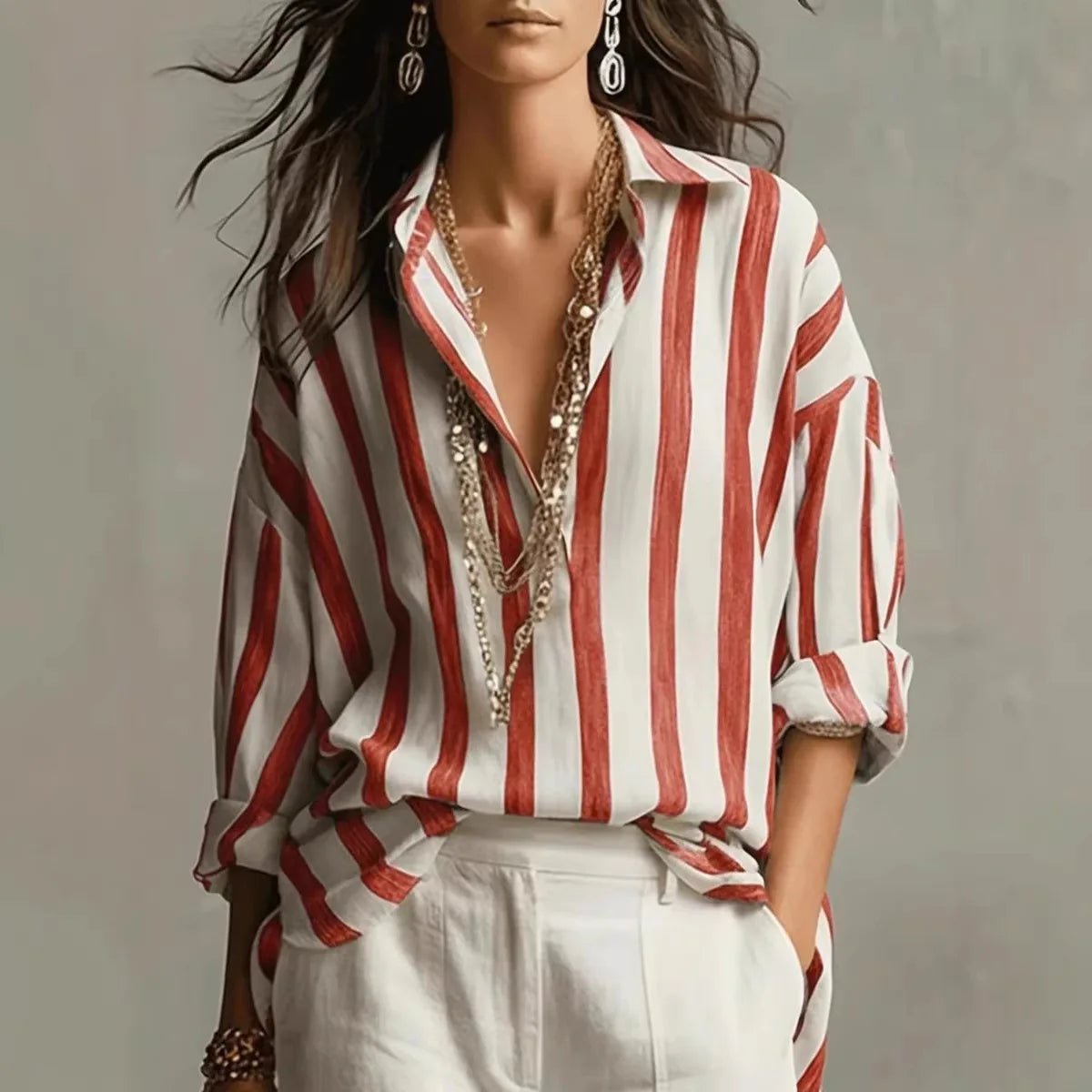 Effortless Striped Blouse for Women with Collar Long Sleeve Relaxed Oversized Boho Style