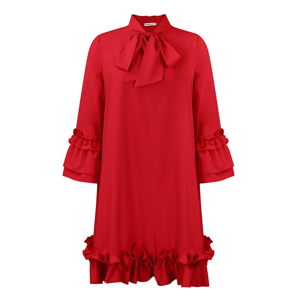 Elegant Ruffle Mini Dress for Women with Tie Neck Bell Sleeve Tiered Hem Flowing Style
