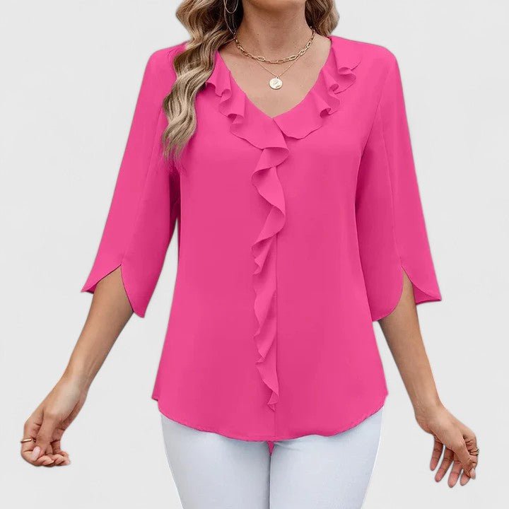Effortless Ruffle Trim Blouse for Women with V Neck Split Sleeve Relaxed Flowing Style