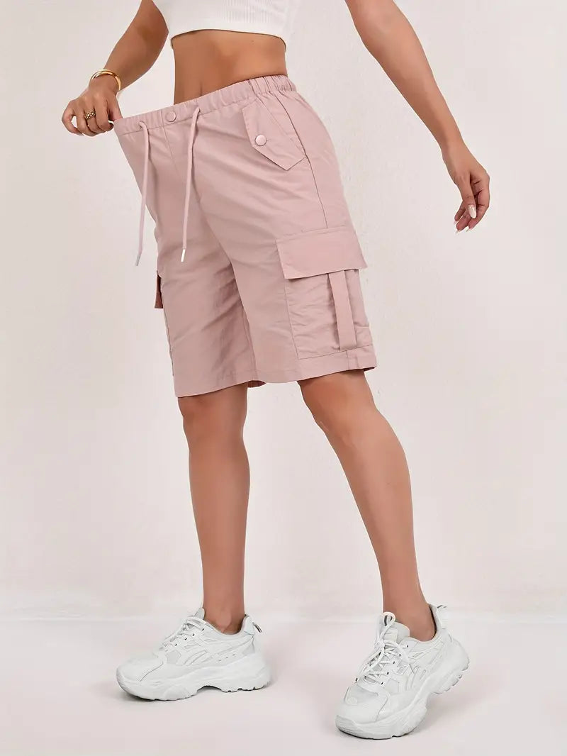 Effortless Pink Cargo Shorts for Women with Elastic Waist Drawstring Flap Pocket Relaxed Casual Style