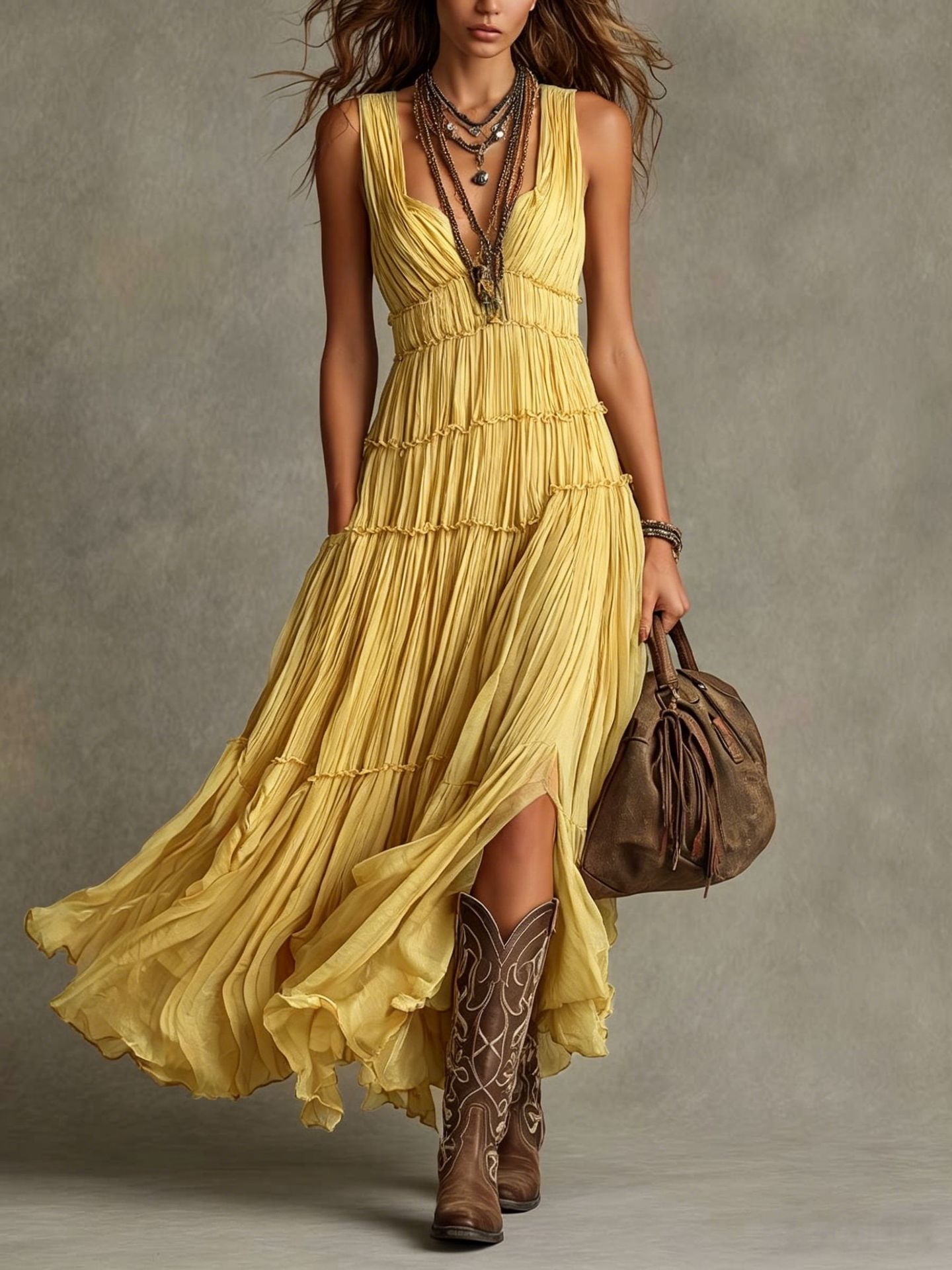 Effortless Tiered Maxi Dress for Women with V Neck Sleeveless Ruffle Slit Bohemian Style