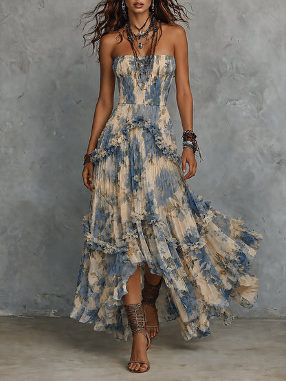 Effortless Blue Floral Maxi Dress for Women with Strapless Ruffle Tiered High Low Bohemian Style