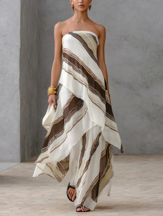 Effortless Striped Maxi Dress for Women with Strapless Straight Neck Tiered Layered Flowing Formal Wedding Guest Style