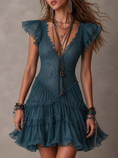 Elegant Blue Lace Mini Dress for Women with V Neck Flutter Sleeve Tiered Ruffle Boho Style