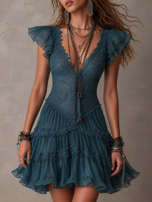 Elegant Blue Lace Mini Dress for Women with V Neck Flutter Sleeve Tiered Ruffle Boho Style