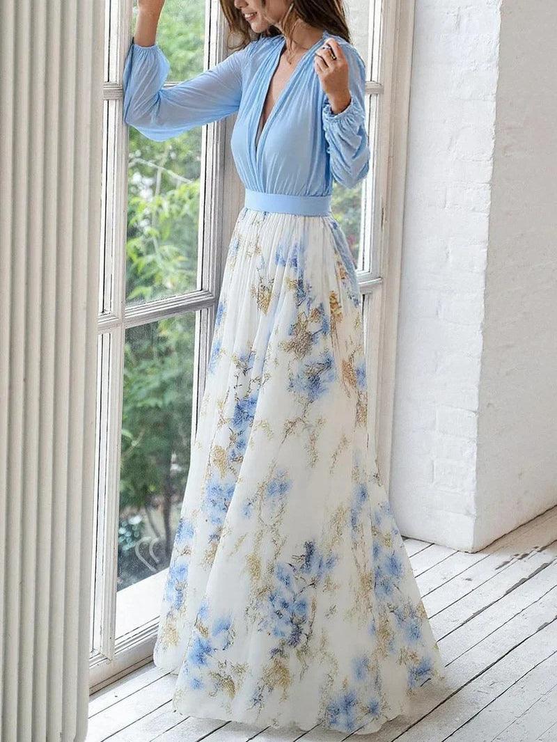 Elegant Blue Floral Maxi Dress for Women with V Neck Bishop Sleeve Belted Flowing Wedding Guest Style