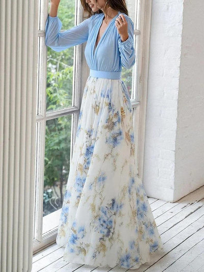Elegant Blue Floral Maxi Dress for Women with V Neck Bishop Sleeve Belted Flowing Wedding Guest Style