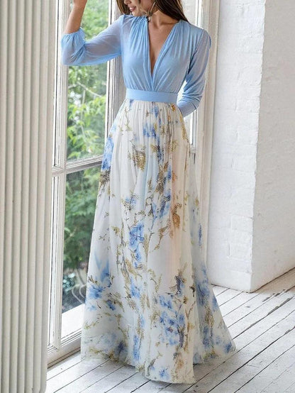 Elegant Blue Floral Maxi Dress for Women with V Neck Bishop Sleeve Belted Flowing Wedding Guest Style