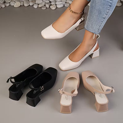 Comfortable Block Heel Sandals for Women with Square Toe Ankle Strap Closed Toe Pump Style