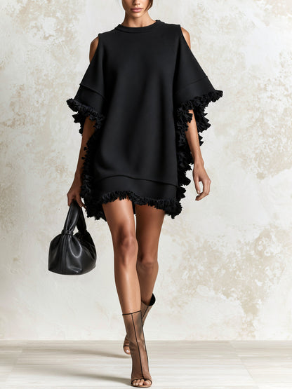 Elegant Black Ruffle Mini Dress for Women with Batwing Sleeve Flowing Draped Silhouette