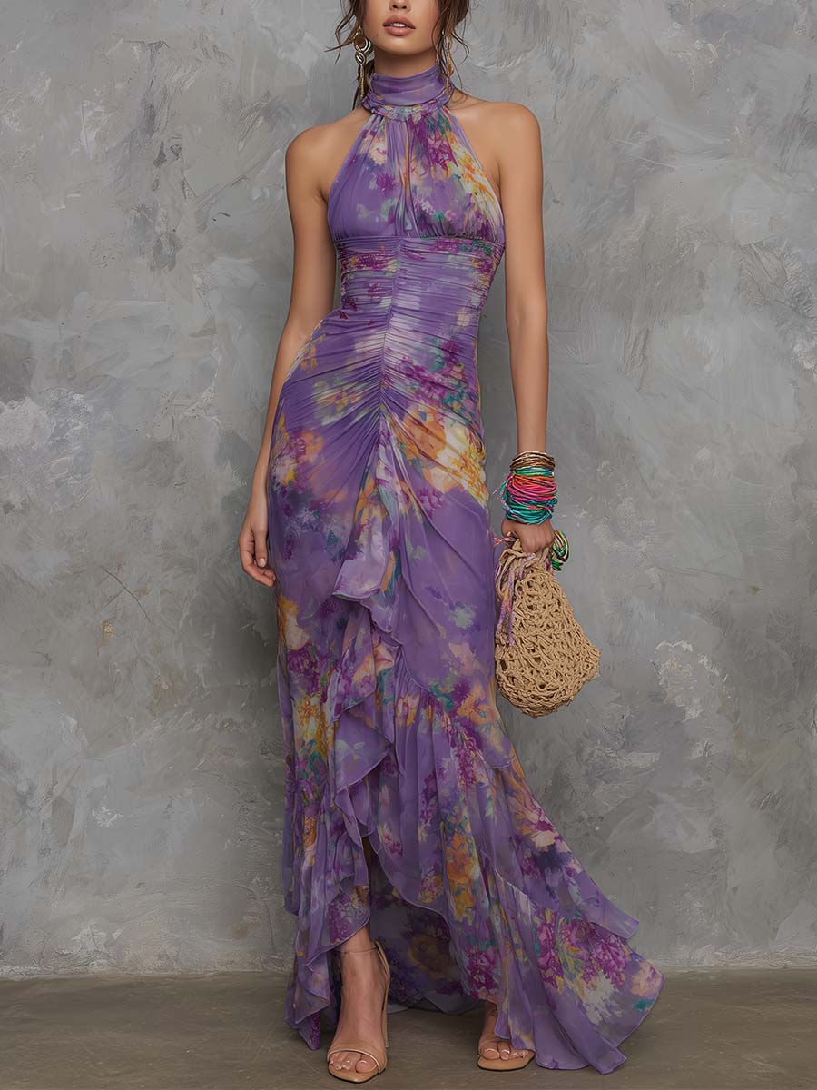 Elegant Purple Floral Maxi Dress for Women with Halter Neck Sleeveless Ruffle Slit Flowing Formal Wedding Guest Style