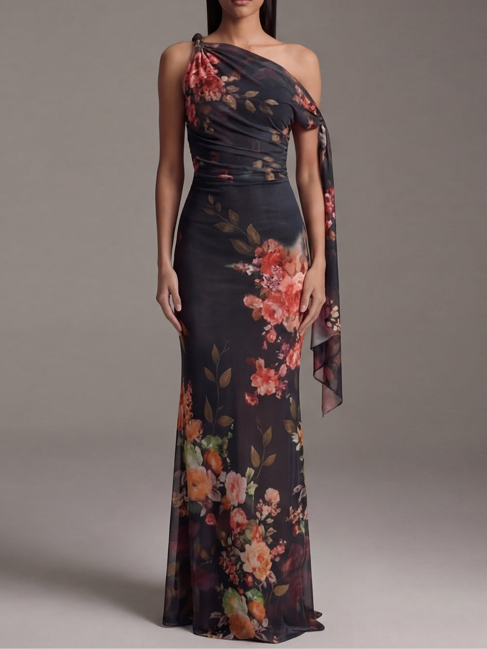 Elegant Black Floral Maxi Dress for Women with One Shoulder Draped Sash Column Flowing Style