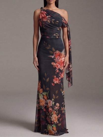 Elegant Black Floral Maxi Dress for Women with One Shoulder Draped Sash Column Flowing Style