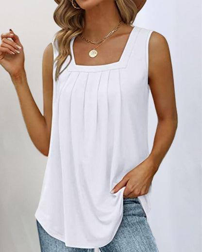 Effortless Pleated Tank Top for Women with Square Neck Sleeveless Relaxed Flowing Casual Style