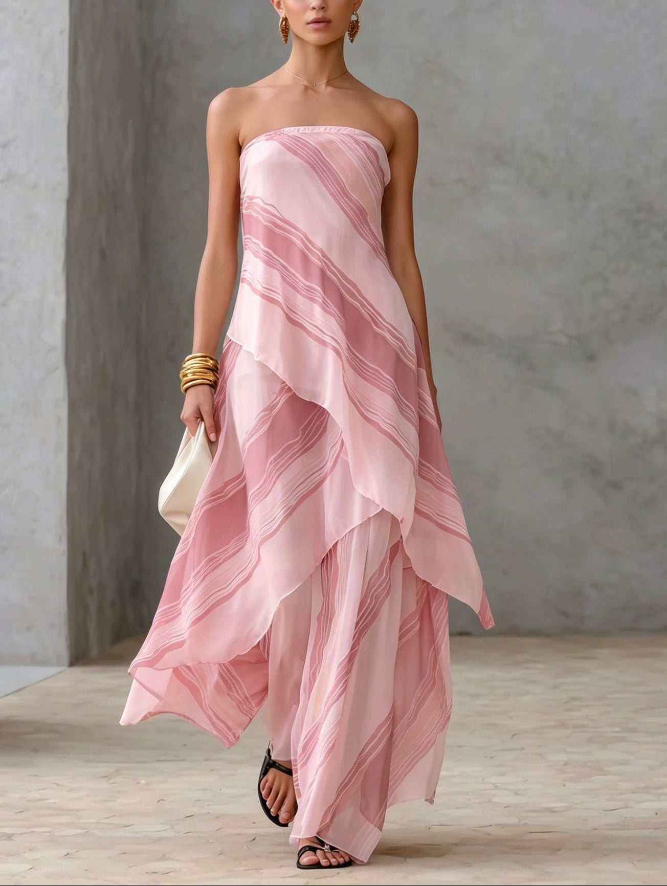 Effortless Striped Maxi Dress for Women with Strapless Straight Neck Tiered Layered Flowing Formal Wedding Guest Style