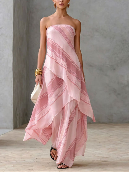 Effortless Striped Maxi Dress for Women with Strapless Straight Neck Tiered Layered Flowing Formal Wedding Guest Style