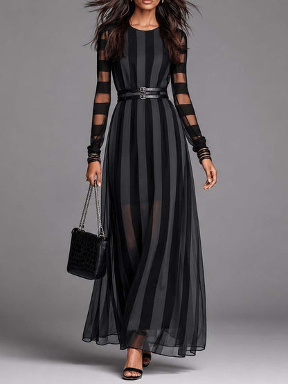 Elegant Black Lace Maxi Dress for Women with Long Sleeve Sheer Panel Formal Wedding Guest Style