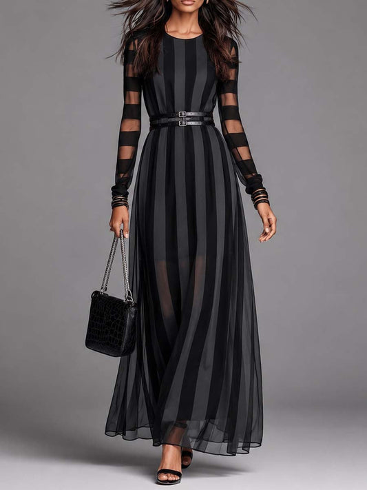 Elegant Black Lace Maxi Dress for Women with Long Sleeve Sheer Panel Formal Wedding Guest Style