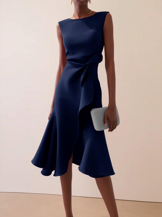 Elegant Draped Midi Dress for Women with Round Neck Sleeveless Asymmetrical Ruffle Flowing Style