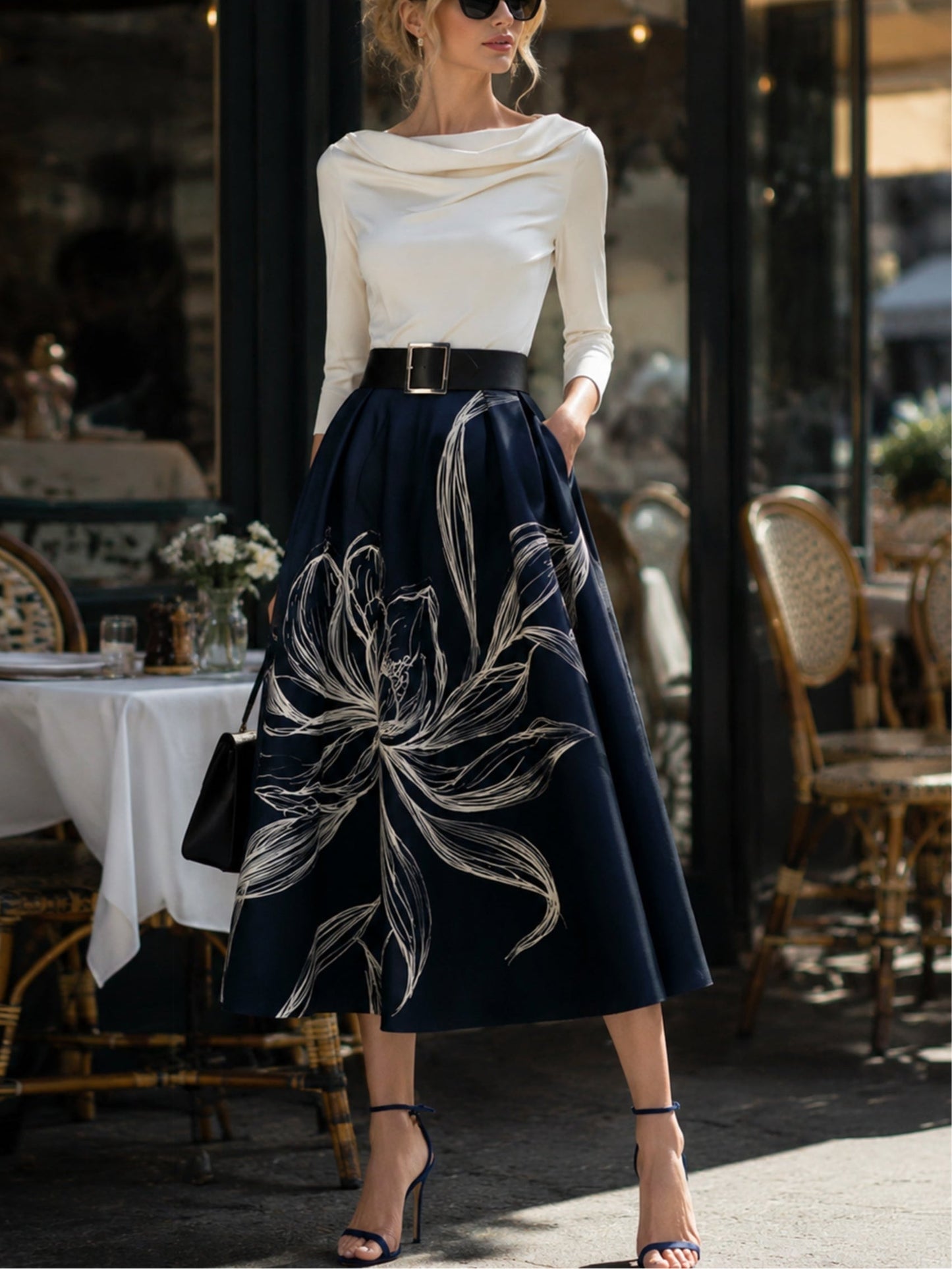 Elegant Navy Floral Midi Skirt for Women with Full Pleated A Line Style