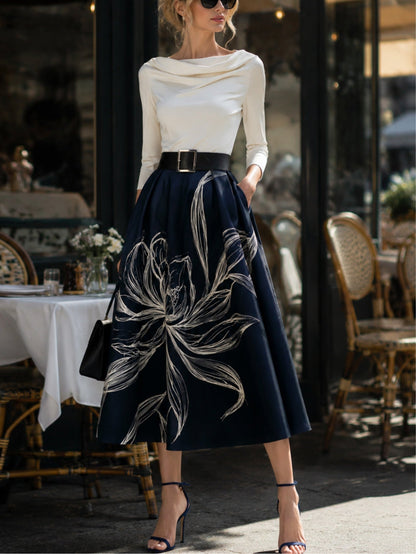 Elegant Navy Floral Midi Skirt for Women with Full Pleated A Line Style