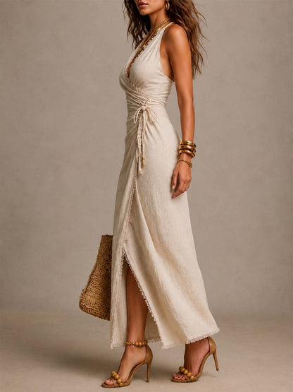 Elegant Beige Satin Maxi Dress for Women with Spaghetti Strap Surplice V Neck Ruched Wrap Formal Wedding Guest Style