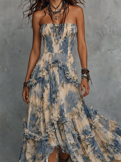 Effortless Blue Floral Maxi Dress for Women with Strapless Ruffle Tiered High Low Bohemian Style