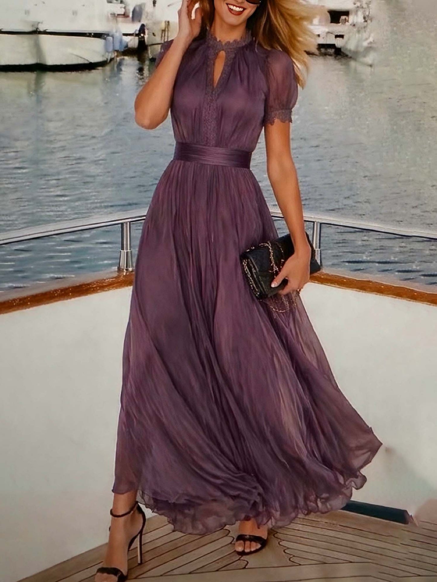 Elegant Chiffon Maxi Dress for Women with High Neck Puff Sleeve Keyhole Flowing Wedding Guest Style