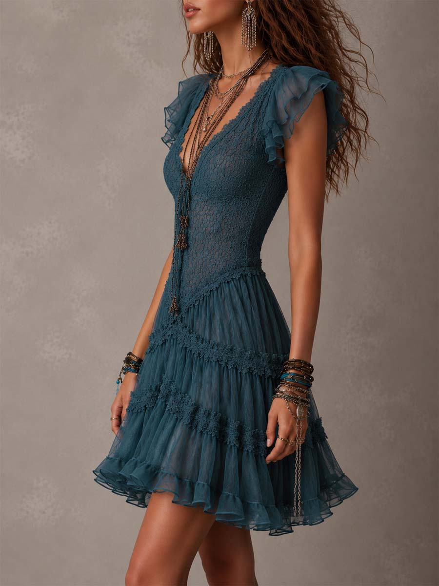 Elegant Blue Lace Mini Dress for Women with V Neck Flutter Sleeve Tiered Ruffle Boho Style