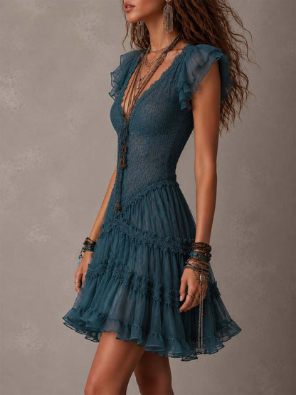 Elegant Blue Lace Mini Dress for Women with V Neck Flutter Sleeve Tiered Ruffle Boho Style