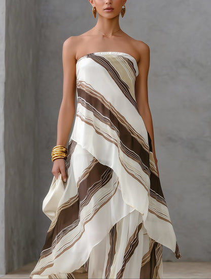 Effortless Striped Maxi Dress for Women with Strapless Straight Neck Tiered Layered Flowing Formal Wedding Guest Style