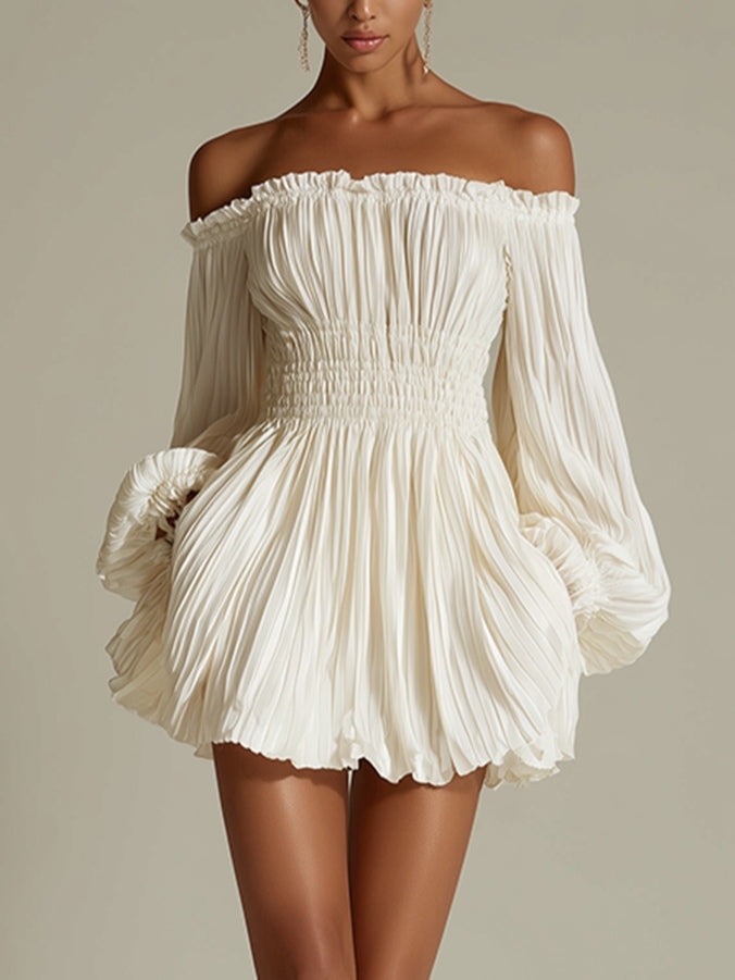 Elegant White Pleated Mini Dress for Women with Off Shoulder Balloon Sleeve Smocked Waist Flowing Style