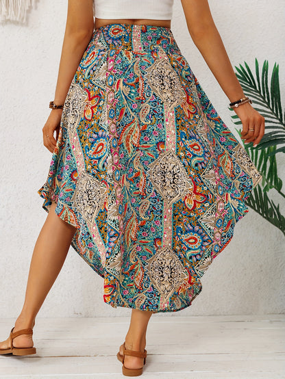 Effortless Multicolor Paisley Maxi Skirt for Women with High Waist Drawstring Handkerchief Hem Bohemian Style