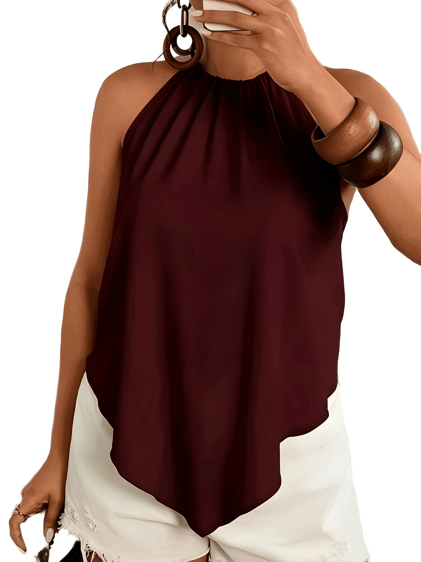 Effortless Chiffon Halter Top for Women with High Neck Sleeveless Ruched Flowing Tank Style
