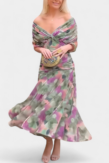 Elegant Floral Maxi Dress for Women with Off Shoulder Draped Sleeve Mermaid Hem Formal Wedding Guest Style