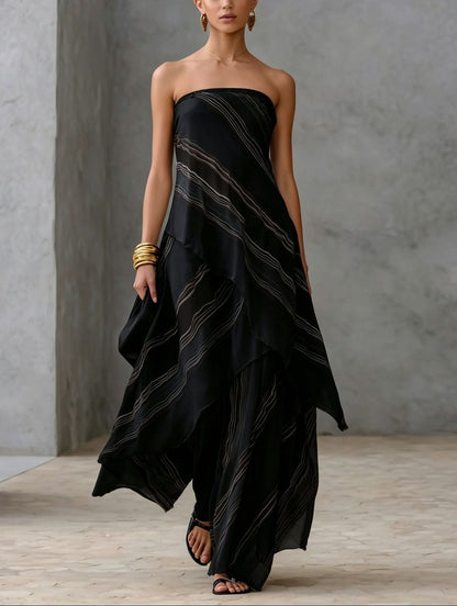 Effortless Striped Maxi Dress for Women with Strapless Straight Neck Tiered Layered Flowing Formal Wedding Guest Style