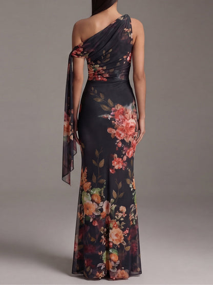 Elegant Black Floral Maxi Dress for Women with One Shoulder Draped Sash Column Flowing Style