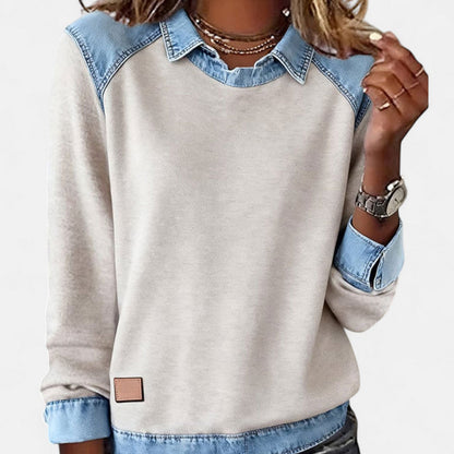 Effortless Denim Colorblock Sweatshirt for Women with Shirt Collar Long Sleeve Raglan Contrast Casual Style