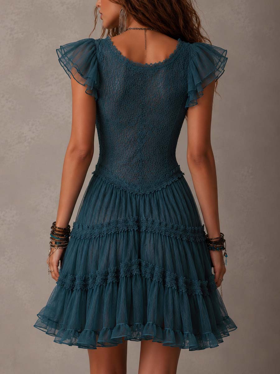 Elegant Blue Lace Mini Dress for Women with V Neck Flutter Sleeve Tiered Ruffle Boho Style