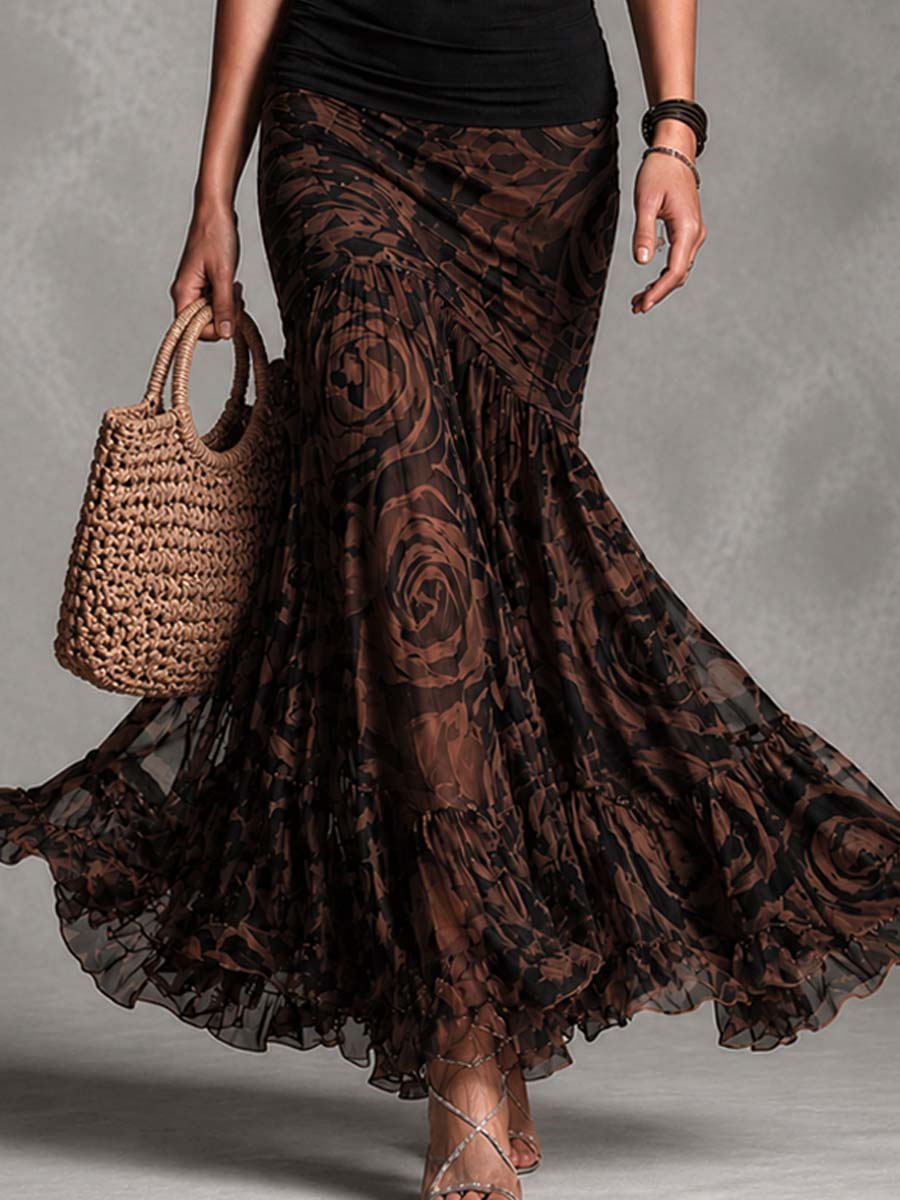 Effortless Black Rose Print Two Piece Set for Women with Racerback Tank Ruffle Hem Mermaid Skirt Bohemian Style