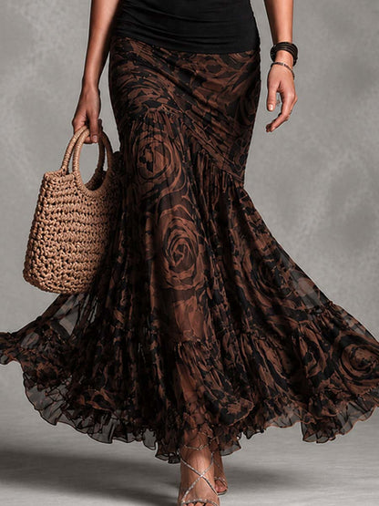 Effortless Black Rose Print Two Piece Set for Women with Racerback Tank Ruffle Hem Mermaid Skirt Bohemian Style