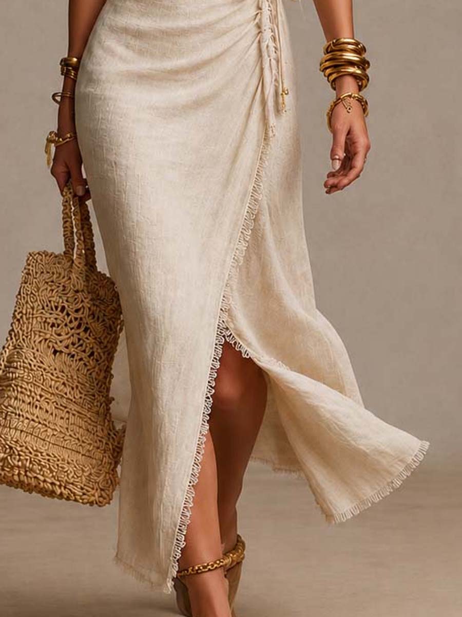 Elegant Beige Satin Maxi Dress for Women with Spaghetti Strap Surplice V Neck Ruched Wrap Formal Wedding Guest Style