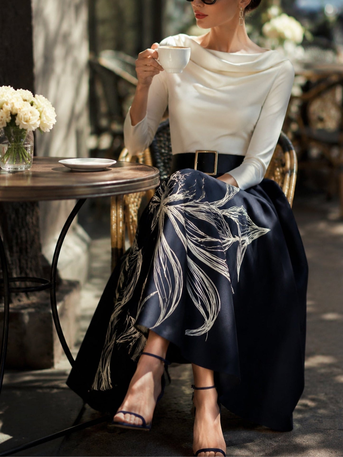 Elegant Navy Floral Midi Skirt for Women with Full Pleated A Line Style