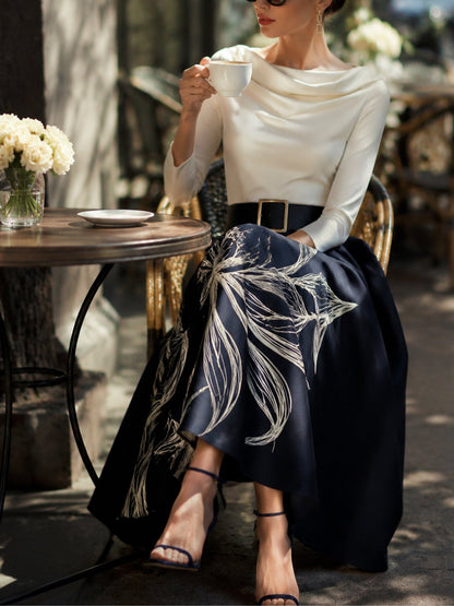 Elegant Navy Floral Midi Skirt for Women with Full Pleated A Line Style