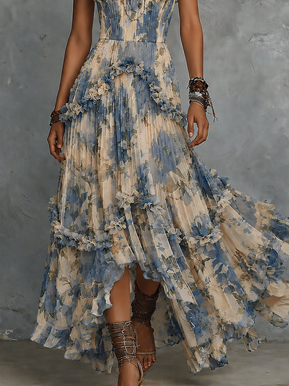 Effortless Blue Floral Maxi Dress for Women with Strapless Ruffle Tiered High Low Bohemian Style