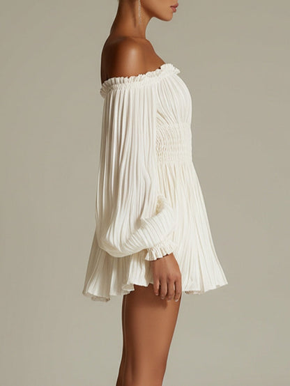 Elegant White Pleated Mini Dress for Women with Off Shoulder Balloon Sleeve Smocked Waist Flowing Style