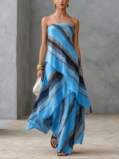 Effortless Striped Maxi Dress for Women with Strapless Straight Neck Tiered Layered Flowing Formal Wedding Guest Style