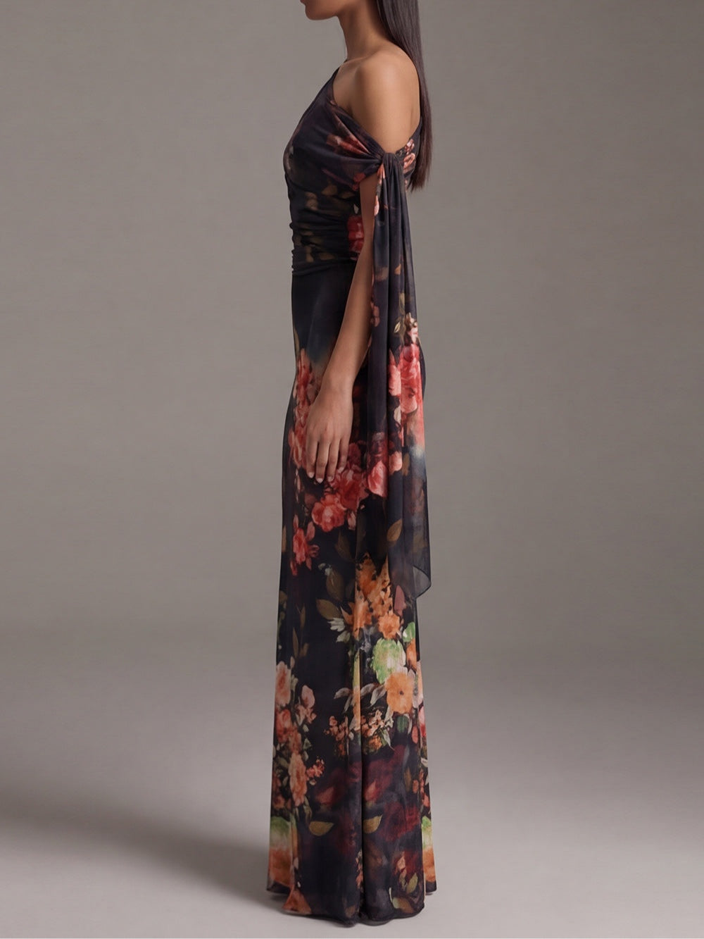 Elegant Black Floral Maxi Dress for Women with One Shoulder Draped Sash Column Flowing Style